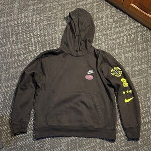 RARE Nike and Camp Collab Black Hoodie with Neon Yellow and Pink Details Kids L